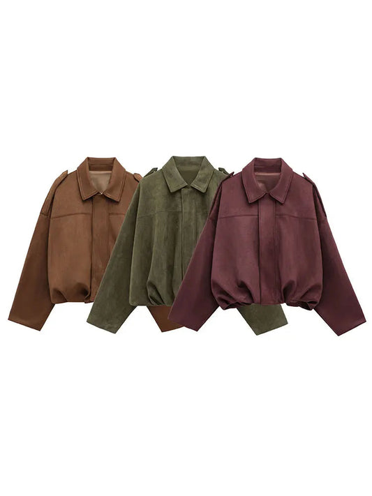 HH Women Brown Green Suede Jacket Loose Casual Bomber Coat Lapel Zipper Long Sleeve Jackets Vintage Lady Motorcycle Outwears Shopihood