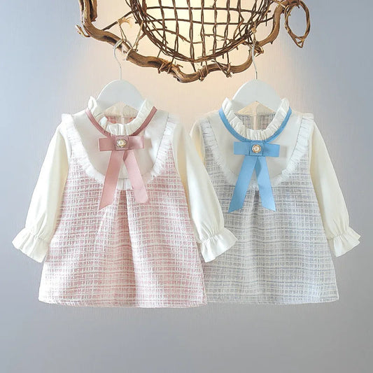Long Sleeved Baby Girl Dress With Spring And Autumn Bow Lace Splicing Small Plaid Sweet Long Sleeved Dress Shopihood